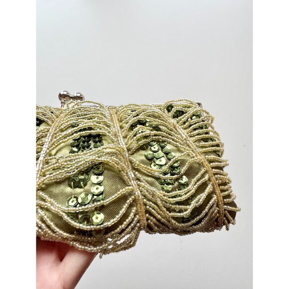 Unbranded Green Scalloped Beaded Sequin Embellished Satin Evening Purse Bag - Picture 4 of 11